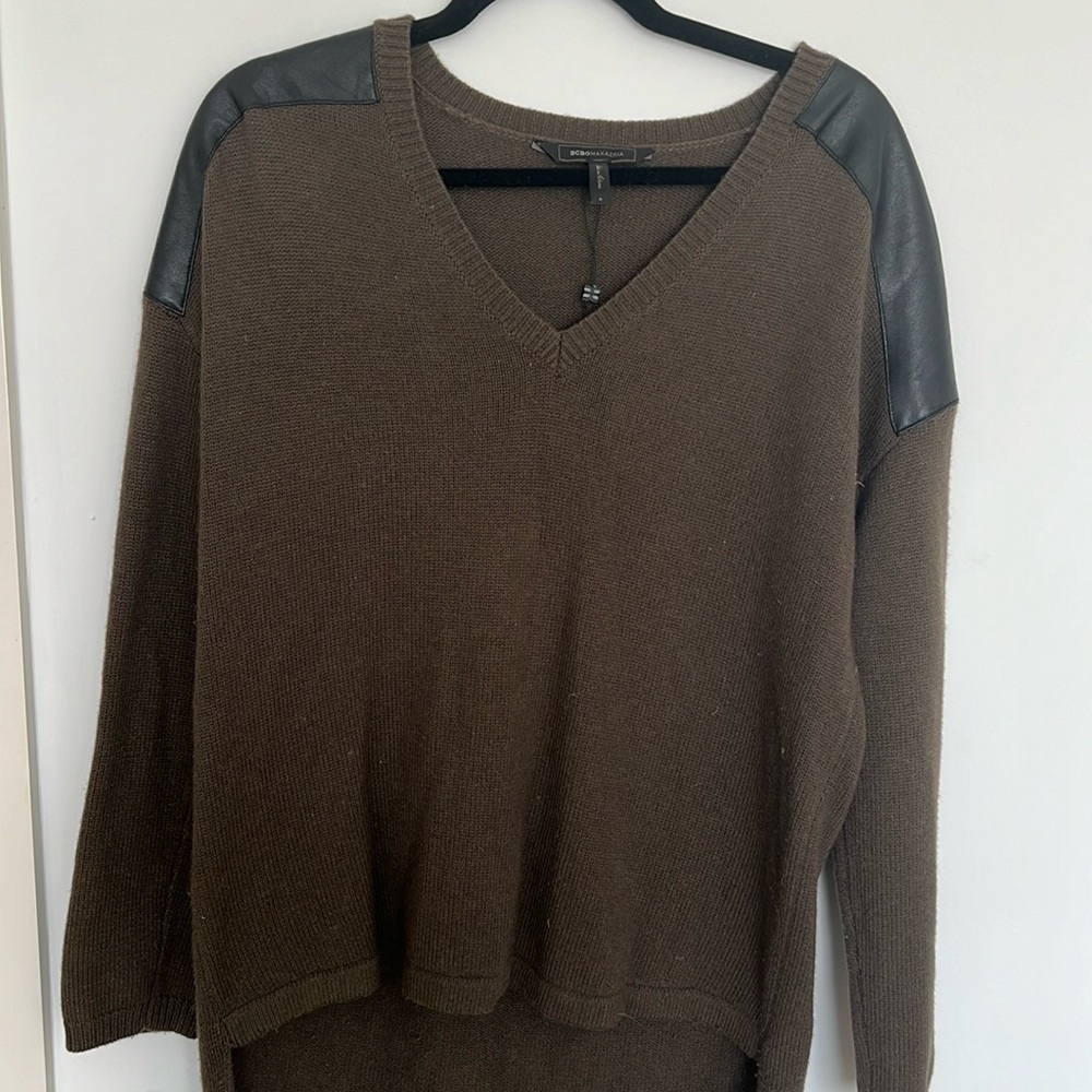 Bcbg Max Azria wool sweater w leather shoulder